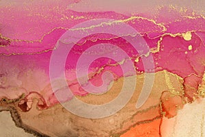 Art Abstract painting blots horizontal background. Alcohol ink pink and gold colors. Marble texture photo