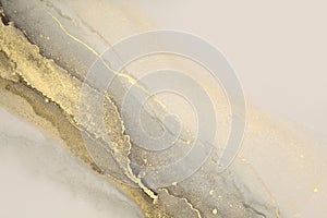 Art Abstract smoke watercolor painting blots horizontal background. Alcohol ink beige and gold glitter colors. Marble texture