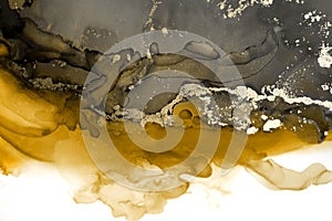 Art Abstract  watercolor and acrylic marble flow blot painting. Black and gold Color canvas texture horizontal background. Alcohol