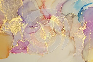 Art Abstract watercolor flow blot painting. Color canvas marble texture background. Gold glitter. Alcohol ink