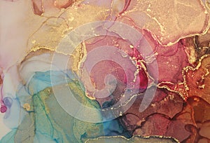 Art Abstract watercolor flow blot painting. Color canvas marble texture background. Gold glitter Alcohol ink