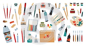 Art accessories. Artist painting tools and drawing supplies. Professional brush and paint. Pencils clipart bundle. Pen
