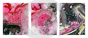 Art acrylic, oil and watercolor bubble blots. Interior abstract triptych. Marble texture. Black, pink and gold color canvas