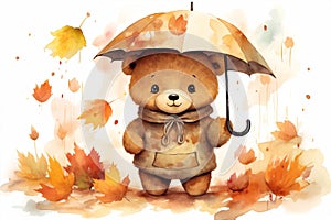 Art animals umbrella cartoon card drawing autumn bear cute children
