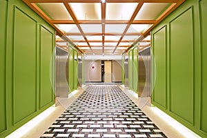 Art & architecture for green concept interior design with black and white tiles in the public lift waiting area of a building