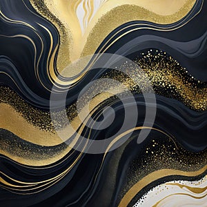 Art Background of horizontal watercolor painting of abstract Black and gold glitter colored alcohol Marble