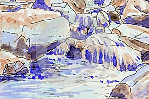 Art background of water flowing over rocks in a stream.