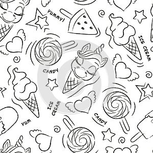 Art. Beautiful black and white background. Cute unicorn ice cream pattern. Fashion illustration drawing in modern style for