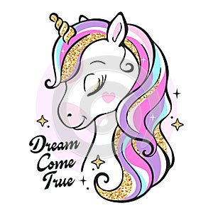 Art. Beautiful. Cartoon little unicorn on a white background. Sequins. Print for clothes and t-shirts. Vector illustration