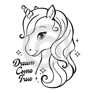 Art. Beautiful little unicorn on a white background. Coloring page. Print for clothes and t-shirts. Vector illustration. Cartoon