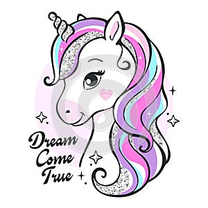 Art. Beautiful little unicorn on a white background. Sequins. Print for clothes and t-shirts. Vector illustration. Cartoon