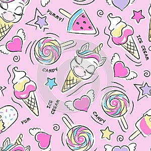 Art. Beautiful pink background. Cute unicorn ice cream pattern. Fashion illustration drawing in modern style for clothes