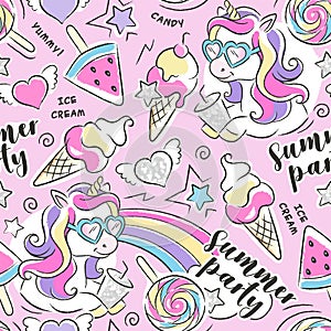 Art. Beautiful pink pattern. Unicorn ice cream summer party. Fashion illustration drawing in modern style for clothes