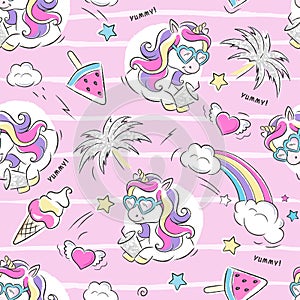 Art. Beautiful pink summer pattern. Unicorn ice cream summer party. Fashion illustration drawing