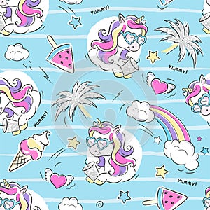 Art. Beautiful summer pattern. Unicorn ice cream summer party. Fashion illustration drawing