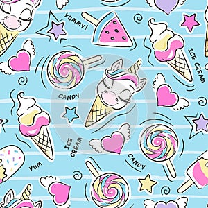Art. Beautiful turquoise background. Cute unicorn ice cream pattern. Fashion illustration drawing in modern style for clothes