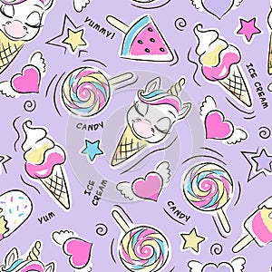 Art. Beautiful violet background. Cute unicorn ice cream pattern. Fashion illustration drawing in modern style for clothes