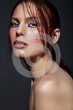 Art beauty studio photo of attractive woman`s face