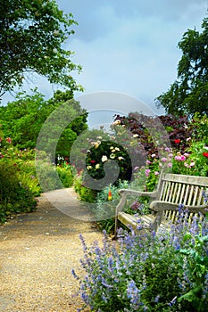 Art bench and flowers in the morning in an English park