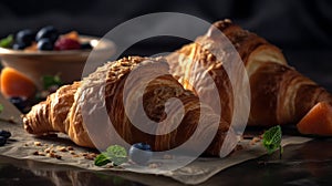 The Art of Boulangerie Fresh Croissants on Display - Delicious French Pastry food photography. Generative AI