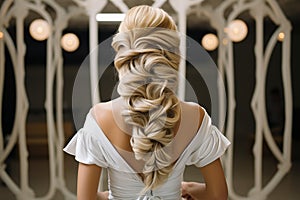 Art of braiding Hairdressers rear view as intricate braid transforms wedding hair styling