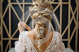 Art of braiding Hairdressers rear view as intricate braid transforms wedding hair styling