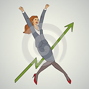 Art business vector illustration with woman jumping up and happy