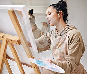 Art, canvas and palette with painter woman in studio for creative, expression or leisure hobby. Inspiration, passion and