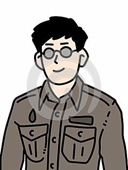 cartoon illustration of a smiling man with a black tie and a black jacket in a brown uniform with a white shirt and glasses on a