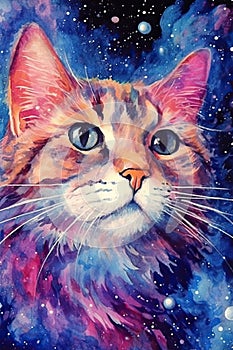 art cat in space . dreamlike background with cat . Hand Drawn Style illustration