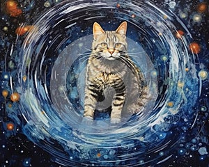 art cat in space . dreamlike background with cat . Hand Drawn Style illustration