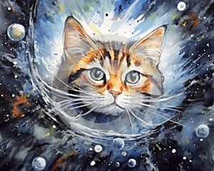 art cat in space . dreamlike background with cat . Hand Drawn Style illustration