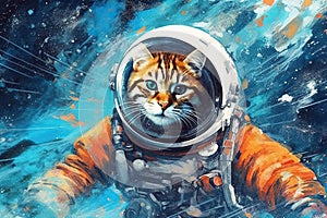 art cat in space . dreamlike background with cat . Hand Drawn Style illustration