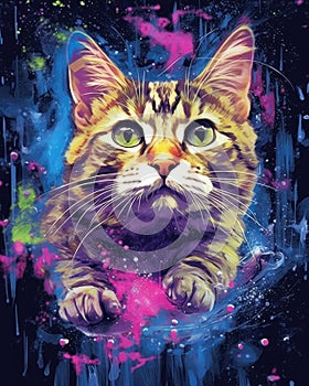 art cat in space . dreamlike background with cat . Hand Drawn Style illustration