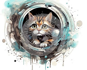 art cat in space . dreamlike background with cat . Hand Drawn Style illustration