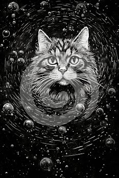 art cat in space . dreamlike background with cat . Hand Drawn Style illustration