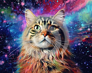 art cat in space . dreamlike background with cat . Hand Drawn Style illustration