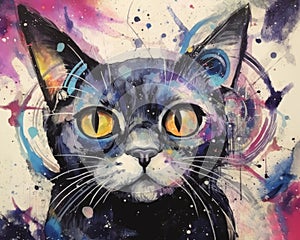 art cat in space . dreamlike background with cat . Hand Drawn Style illustration