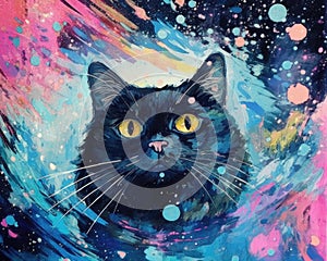 art cat in space . dreamlike background with cat . Hand Drawn Style illustration