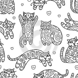 Art cats with floral ornament, seamless pattern