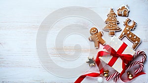 Christmas holidays ornament flat lay; Christmas card background