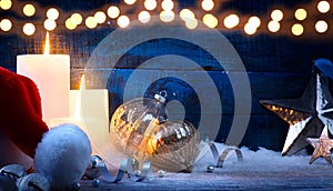 Art Christmas Tree Ornament And Bokeh Lights On Blue Background