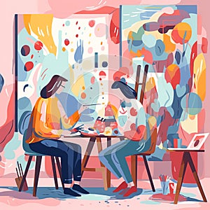 Art class date: A couple sits at an easel in a bright art studio, with paintbrushes and a palette of colors