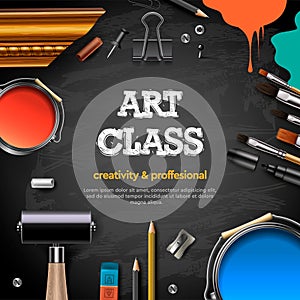 Art Class, studio, course, school, education. Banner or poster with black chalkboard background, hand drawn letters