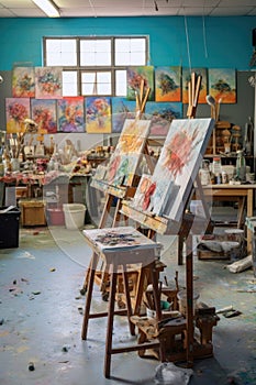 art classroom with easels, paints, and brushes