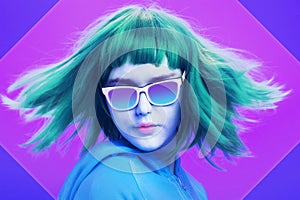 Art collage with alternative funky girl with blue hair on a bright blue purple background. Close up fashion portrait