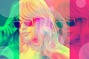 Art collage with alternative funky girl with overlay effect on bright multicolors background. Close up fashion portrait