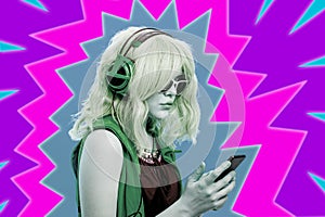 Art collage with alternative girl in glasses and with headphone listens cool music in her smartphone. Funky young woman