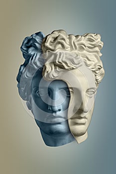 Art collage with antique sculpture of Apollo face and numbers, geometric shapes. Beauty, fashion and health theme photo