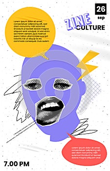 Art collage banner. With halfone face. Flyer design in pop art cartoon style. In violet and yellow and red colour. With photo